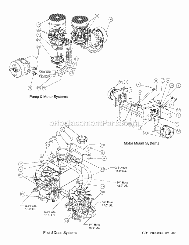 Hydro Hose & Pump Assembly Diagram and Parts List for M60-KH 53AH8CTX750-27HP-OHV Cub Cadet Lawn Tractor